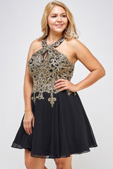 Plus Size Gold Embroidered Elegant Halter A-Line Cocktail Dress LA SCALA Black 1X