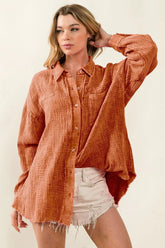 Raw Edge Detailed Mineral Washed Loose Fit Shirt BiBi VINTAGE BRICK S