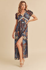 Nabi Maxi Slit Puff Sleeve Laced Dress Aemi + Co BLUE MULTI M