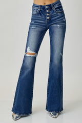 Distressed Button-Fly Flare Jeans Risen Dark 0(24)