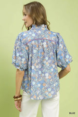 Umgee Smocked Floral Ruffle Trim Top Trendsi