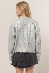 Distressed Cable-Knit Round Neck Long Sleeve Sweater HYFVE
