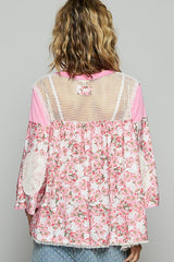 Washed Floral Print Crochet Detail Top POL