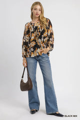Autumn Leaf Print Balloon Sleeve Blouse Umgee