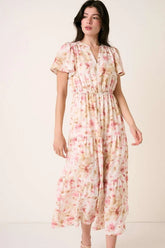 Flower Print Flutter Sleeve V Slit Maxi Dress Mittoshop