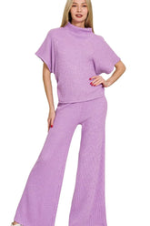 Sweater Mock Neck Top & Long Pants Set ZENANA B LAVENDER S