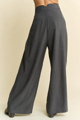 Solid Back Pocket Shirring Detail Wide Leg Pants Davi & Dani