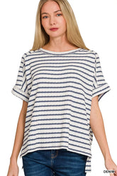 Stripe Jacquard Round-Meck Tee ZENANA DENIM S/M