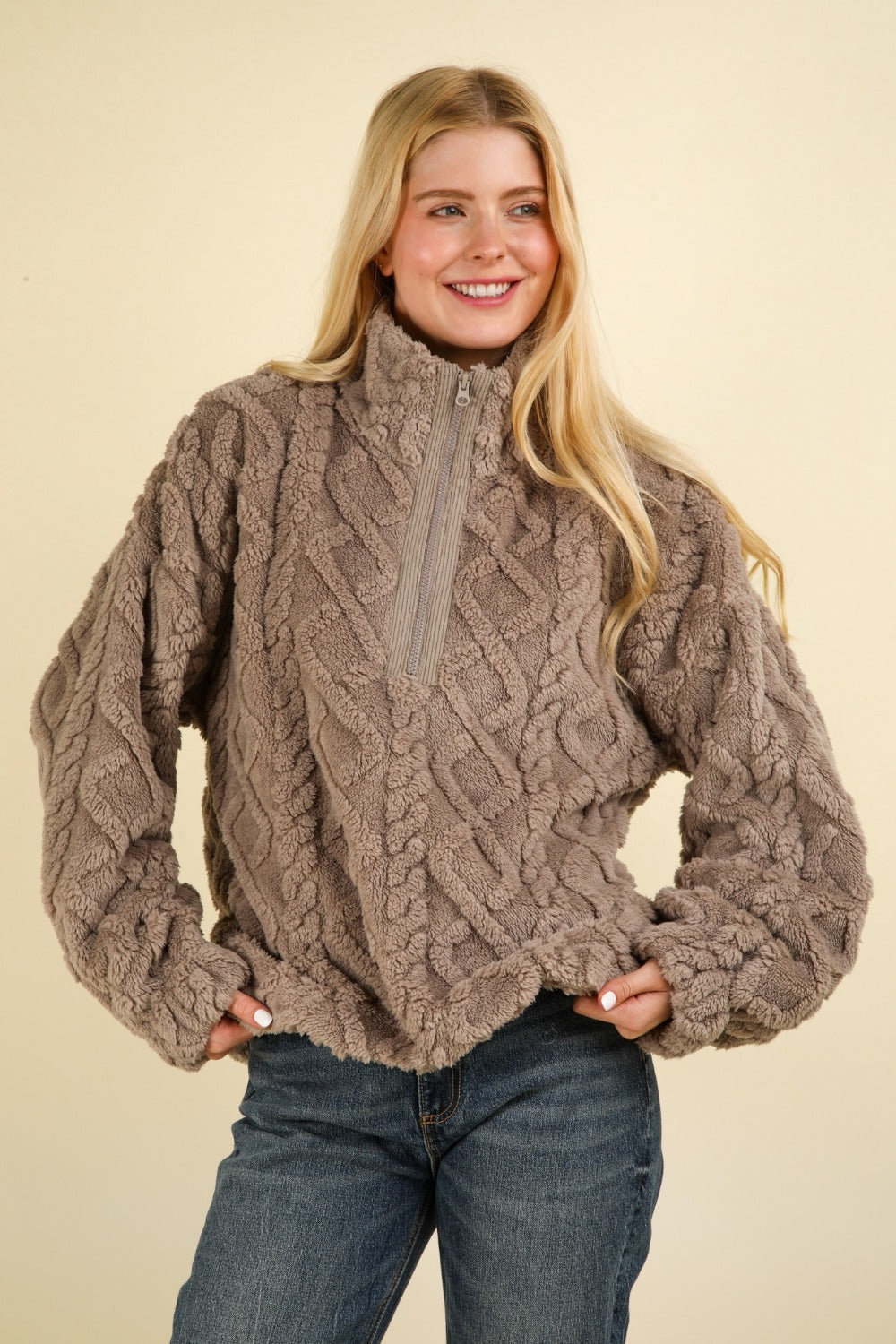 Fuzzy Fleece Half Zip Cable Pattern Sweatshirt Very J Charcoal S