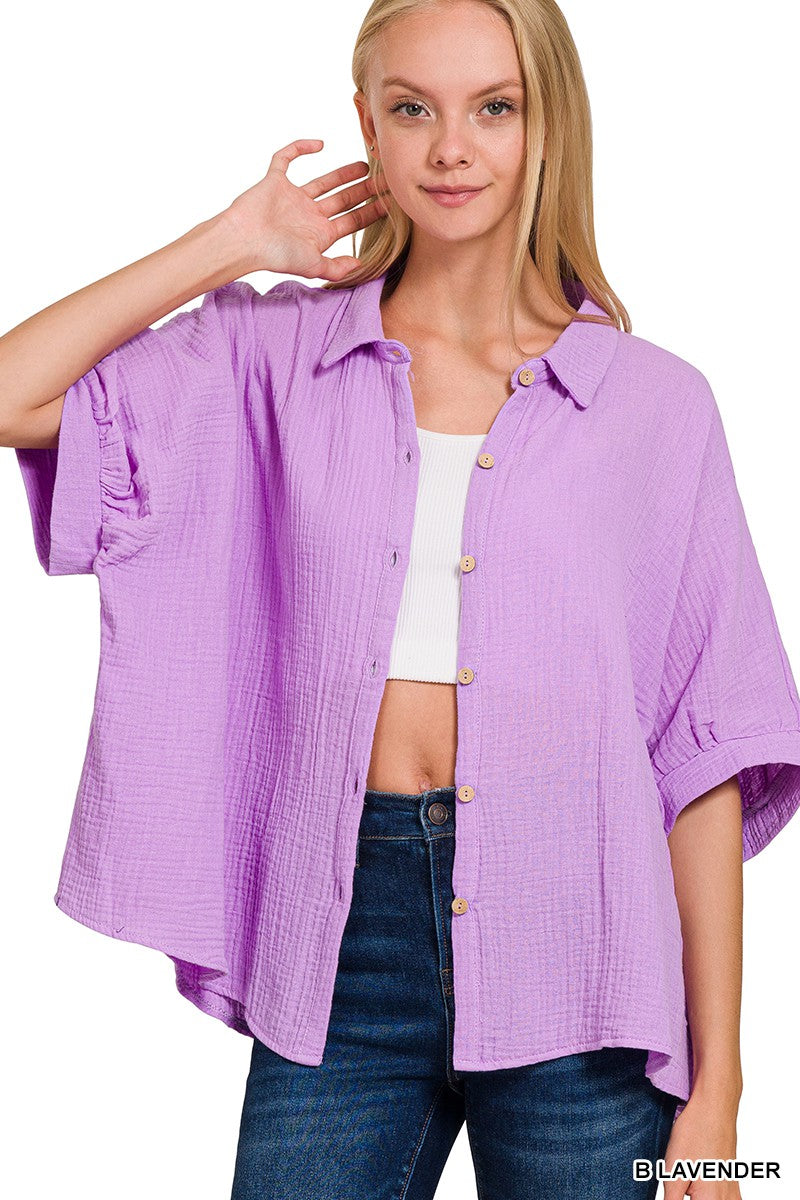 Zenana Double Gauze 3/4 Sleeve Button Up Shirt Trendsi B LAVENDER S/M