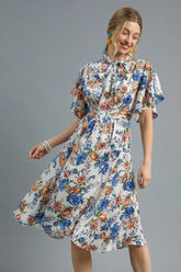 Floral Print Flutter Sleeve Dress Umgee Royal Blue S
