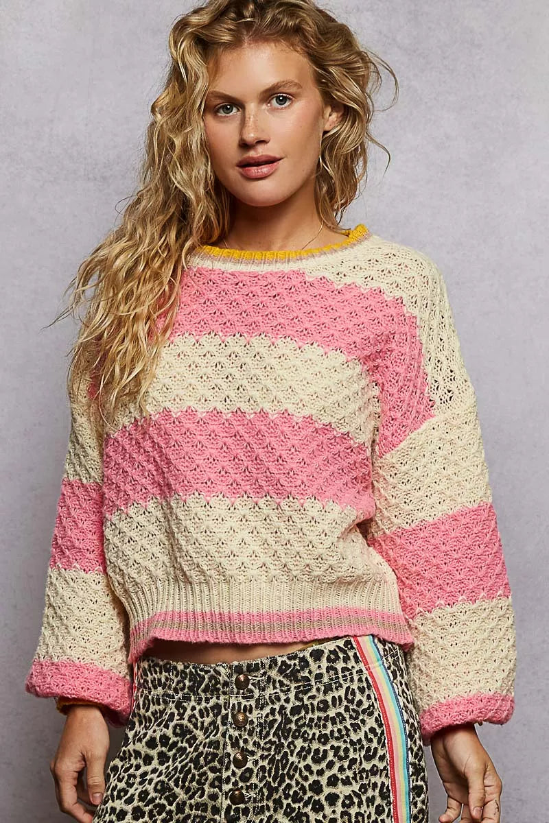 Contrast Striped Round Neck Sweater with Textured Cable Knit Pattern POL PINK STRIPE S