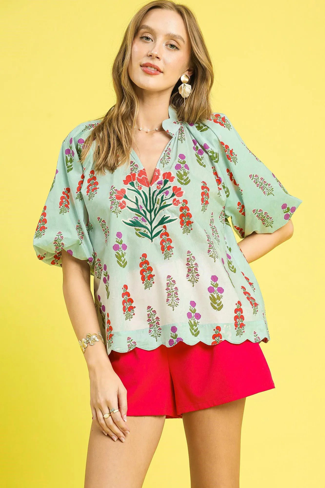 Floral Print Scalloped Hem Puff Sleeve Blouse Umgee Gum Leaf S