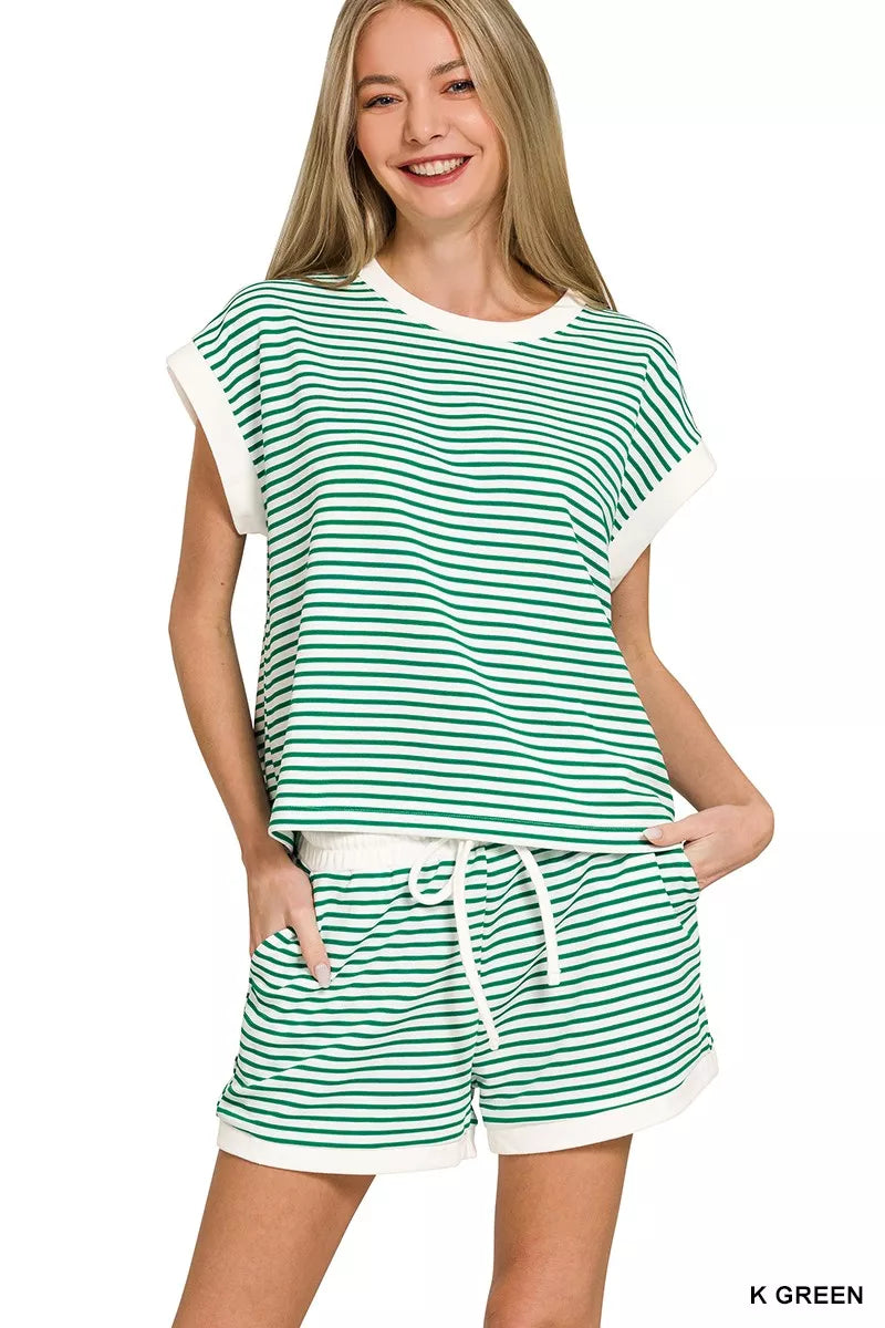Stripe Contrast Trim Top & Shorts Set ZENANA K GREEN S