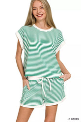 Stripe Contrast Trim Top & Shorts Set ZENANA K GREEN S