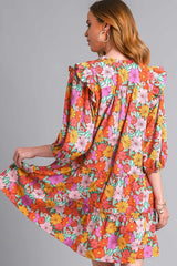 Ruffled Flower Print Tie Neck Tiered Dress Umgee