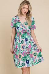Ruched Floral V-Neck Short Sleeve Dress BomBom