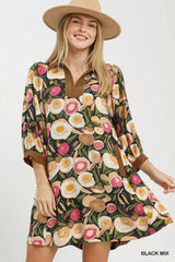 Simmer & Fay Umgee black mix floral contrast trim shift mini dress with pockets
