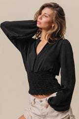 Smocking Waist Band and Puff Sleeves Deep V Neck Top BiBi