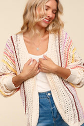 Striped Crochet Open Front Cardigan Haptics Oatmeal/Coral/Yellow S