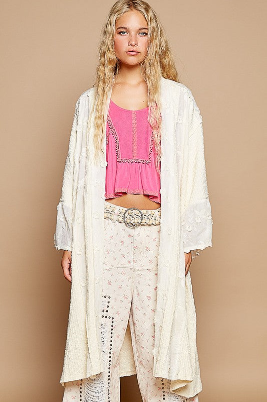 Flower Lace Trim Open Front Longline Cardigan POL Cream S/M