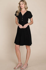 Button V-Neck Short Sleeve Dress BomBom