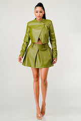 Button Up Green Faux Leather Jacket and Skirt Set Athina