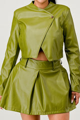 Button Up Green Faux Leather Jacket and Skirt Set Athina Green S
