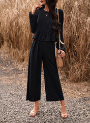 Ruffled Two Piece Long Sleeve Wide Leg Pant Set Miss Sparkling Black S