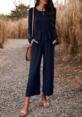 Ruffled Two Piece Long Sleeve Wide Leg Pant Set Miss Sparkling