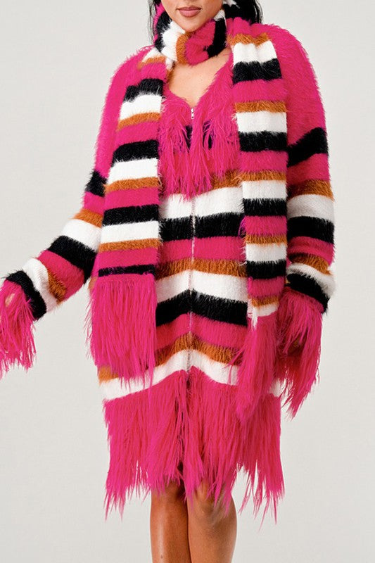 Winter Blush Fuzzy Striped Sweater & Scarf Ensemble SALE Pink Print S
