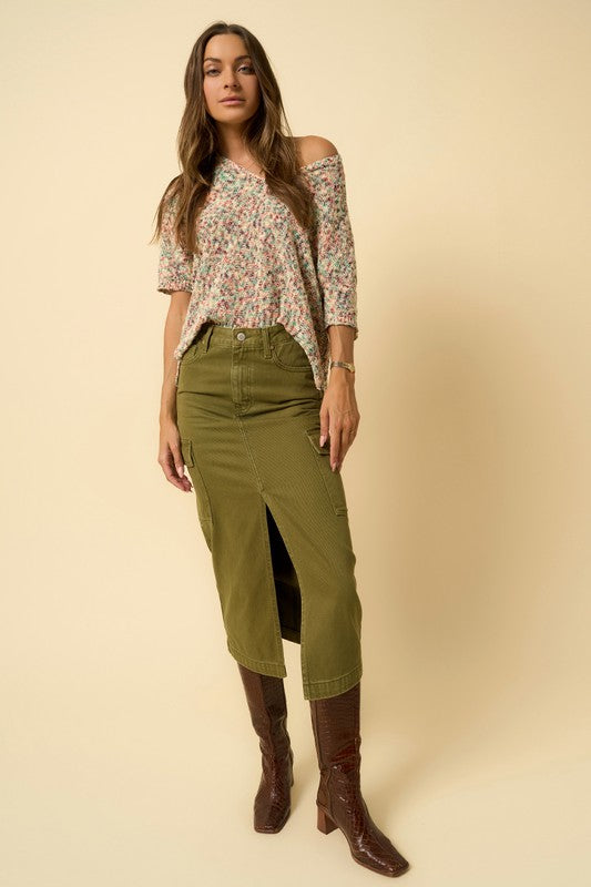 Green Denim Cargo Midi Skirt Denim Lab USA TRUE OLIVE S