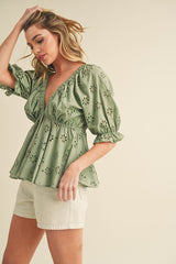Eyelet Peplum Top with Puff Sleeves Aemi + Co