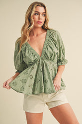 Eyelet Peplum Top with Puff Sleeves Aemi + Co SAGE S