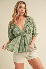Eyelet Peplum Top with Puff Sleeves Aemi + Co SAGE S