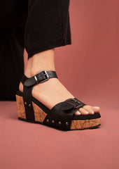 Romy Buckled Wedge Slingback Platforms Maker's Shoes Black 6