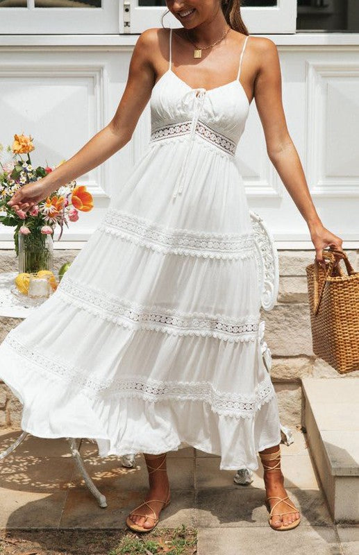 Summer Boho White Maxi Dress with Lace Detailing Miss Sparkling