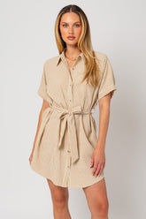 Half Sleeve Button Down Stripe Shirt Dress Gilli CREAM-TAUPE STRIPE S