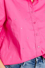 Rhinestone Button Up Collar Neck Shirt GeeGee