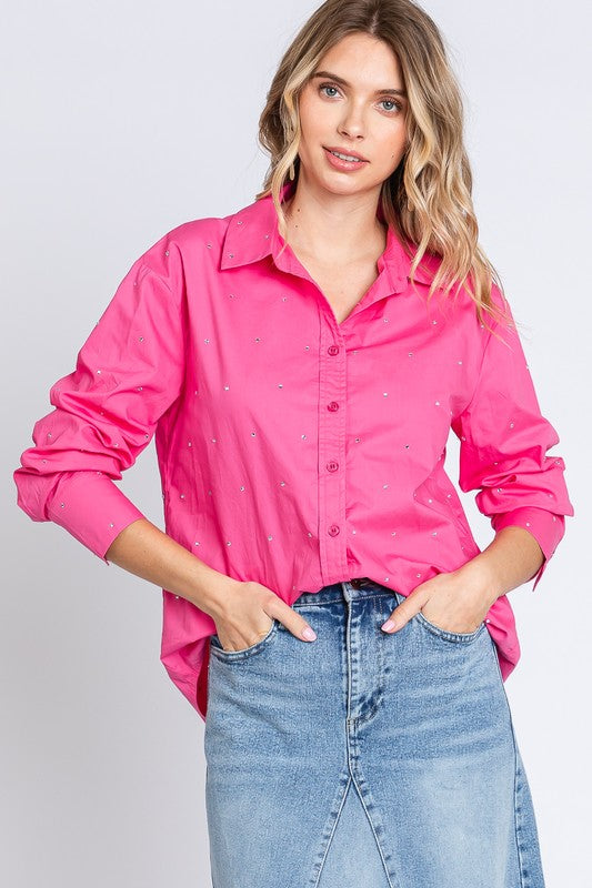 Rhinestone Button Up Collar Neck Shirt GeeGee Hot Pink S