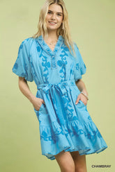 Floral Tie-Waist Boho Mini Dress Umgee CHAMBRAY S