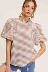 Gingham Check Print Puff Sleeve Mock Neck Top La Miel