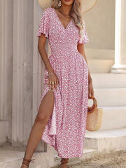 Floral V-Neck Short Sleeve High Slit Midi Dress Miss Sparkling