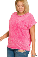 Full Size Crinkle Washed Round Neck Folded Short Sleeve Tee Plus Size ZENANA