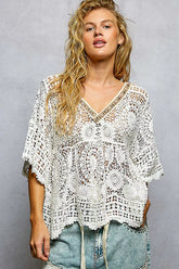 V-Neck Crochet Top with Scalloped Hem POL OFF WHITE One Size