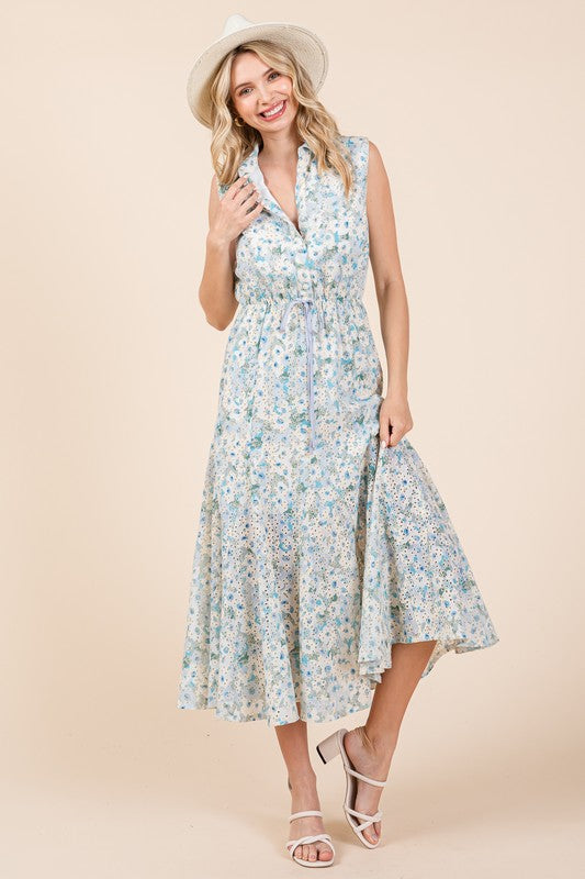 Floral Eyelet Midi Sundress GeeGee Cream/Blue S