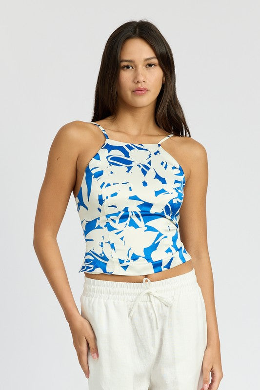 Floral Lace Up Back Halter Neck Top Emory Park BLUE WHITE S
