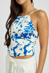 Floral Lace Up Back Halter Neck Top Emory Park