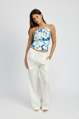 Floral Lace Up Back Halter Neck Top Emory Park
