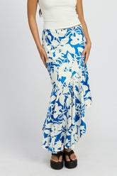 Asymmetrical Floral Ruffle Hem Maxi Skirt Emory Park BLUE WHITE S